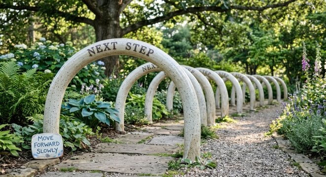 Stone Arches Forming a Path with 'Next Step' Inscriptions in a Lush Garden