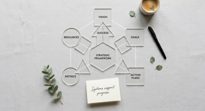 Strategic Framework Diagram with Geometric Shapes and Business Concepts on Flat Lay Table
