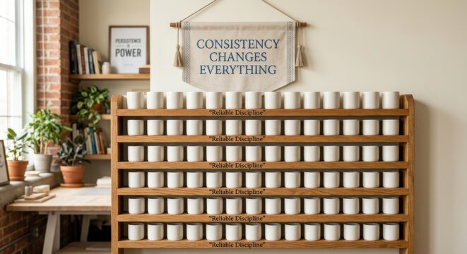 Wall Banner Displaying 'Consistency Changes Everything' Above Rows of White Cylinders and Framed 'Power' Quote