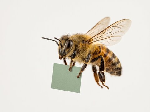 Honey bee flying and holding a blank green sign isolated on white