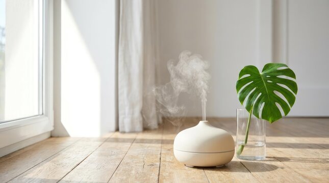 Aromatherapy diffuser emitting mist next to a green monstera leaf on a wooden floor