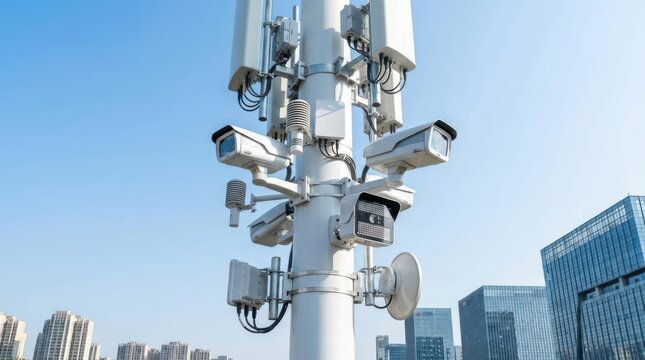 Cell tower equipped with multiple surveillance cameras and communication antennas against a blue sky