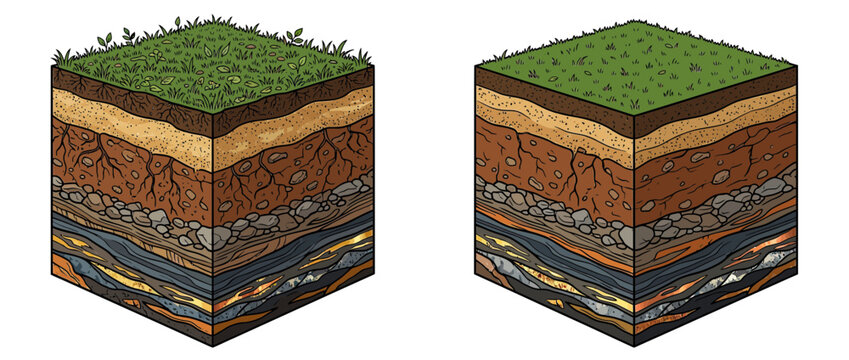 Cross-section of soil layers with grass on top