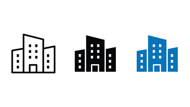 Office building icons in editable outline, solid, and blue styles, representing corporate architecture and business centers