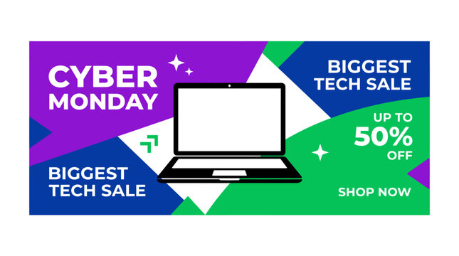Cyber Monday tech sale banner with laptop, biggest electronics discount promotion, modern geometric web header for online shopping deals isolated on White Background editable eps