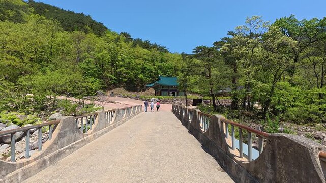 Pathway decorated with colorful lanterns near Sinheungsa Temple, Seoraksan, South Korea.