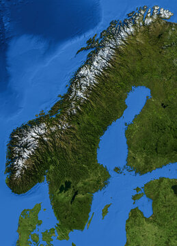 Scandinavia Terrain Map Illustration. Hillshaded 3D relief map of the Scandinavian peninsula. Elements of the illustration derived from NASA Imagery and SRTM DEM.