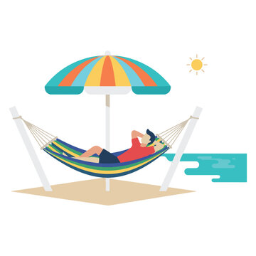 A man relaxing in a hammock under a colorful parasol on a sunny beach during summer vacation with hanging hamm