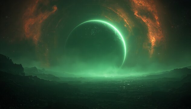 Emerald green planet above rocky alien landscape, vibrant nebula, futuristic cinematic style