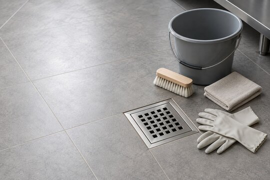 Bucket brush cloth and gloves beside a tiled floor drain