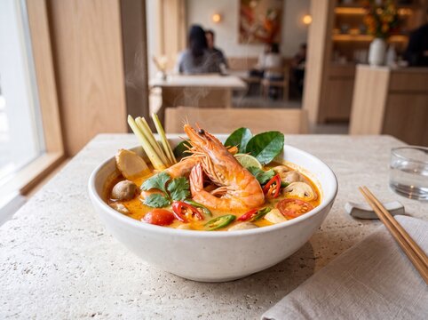 Aromatic Tom Yum Soup: A steaming bowl of authentic Tom Yum soup, brimming with succulent prawns, mushrooms, and fragrant herbs, served in a cozy restaurant setting, ready to tantalize the taste buds.