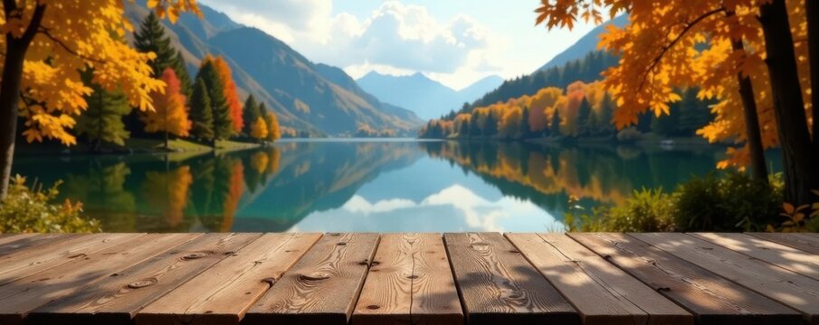 Rustic wooden table overlooking autumn lake Copy space , old, image