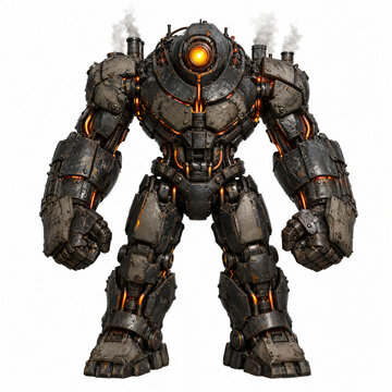 Futuristic cyber police officer or sci fi night city enforcer in heavy armor with baton isolated on white background