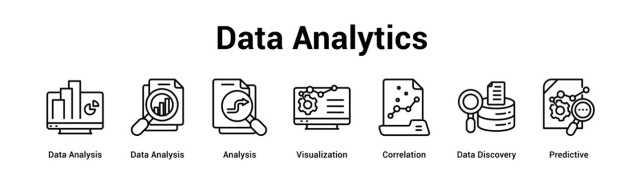 Data Analytics web banner icon vector illustration concept for technology with icon of Data Analysis, Data Analysis, Analysis, Visualization, Correlation, Data.