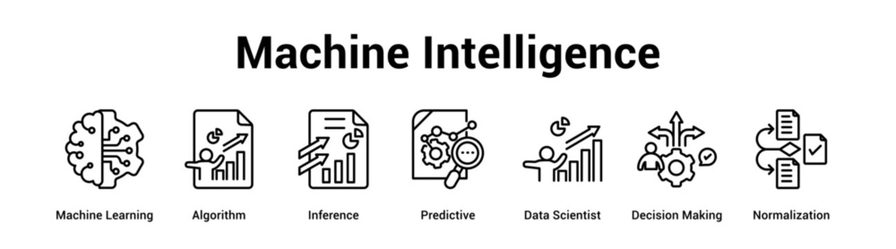 Machine Intelligence web banner icon vector illustration concept for technology with icon of Machine Learning, Algorithm, Inference, Predictive, Data Scientist, Decision.