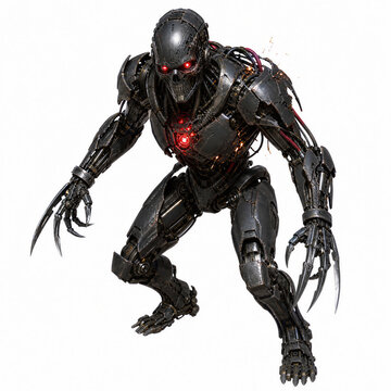Scary cyberpunk rogue android or killer robot with glowing red eyes and metal claws isolated on white background