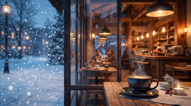 Cozy cafe interior with winter snowfall view warm beverage and candlelight