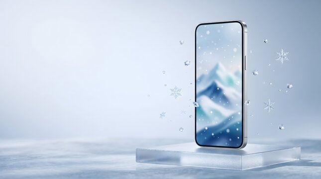 Smartphone displaying winter landscape with snowflakes modern technology and seasonal theme