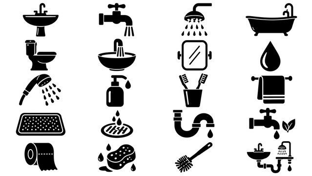 Bathroom icons set featuring black symbols for modern home plumbing fixtures use