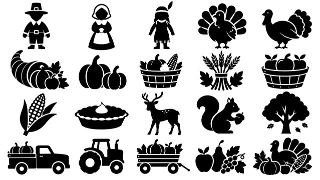 Thanksgiving holiday icon collection black silhouette designs for celebration