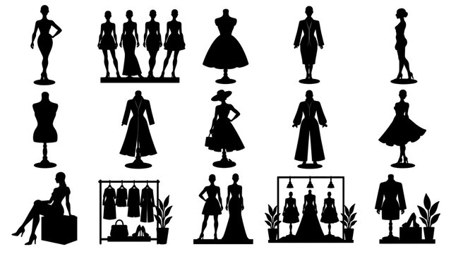 Fashion mannequin silhouettes and elegant dress model icons on white background