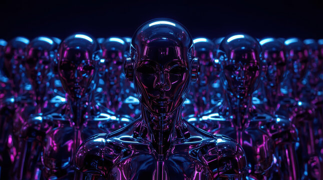 Dense formation of faceless chrome robots in vivid neon light