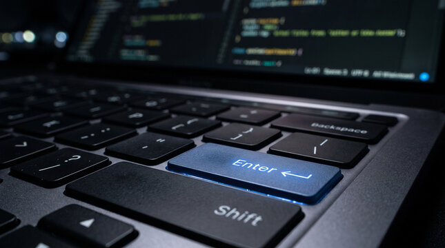 A close-up shot of a laptop keyboard with the 'Enter' key illuminated. The background shows a blurred screen with lines of code, suggesting a programming or software development environment.