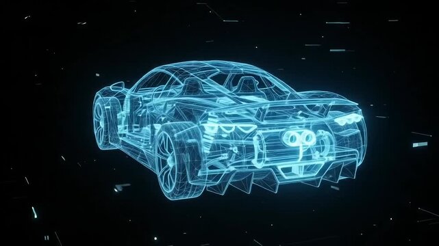 Blue electric hypercar wireframe rotating on dark digital background