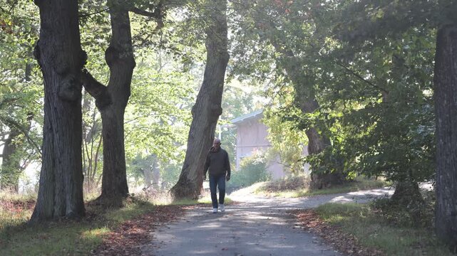 Stockholm, Sweden A man walks on a wooded path in the autumn in the public Djurgarden park.  
