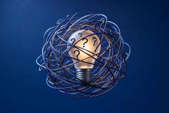 Confused Light Bulb Surrounded by Question Marks and Tangled Wires