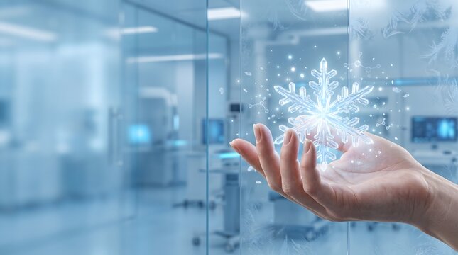 Hand holding glowing snowflake in a modern laboratory first day of winter