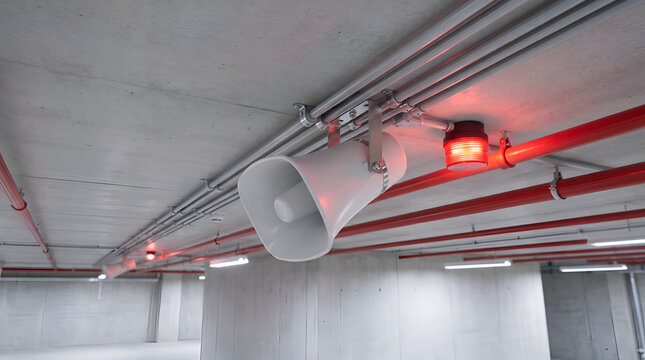 Emergency loudspeaker and flashing red fire alarm strobe light installed on a concrete ceiling in a parking garage.