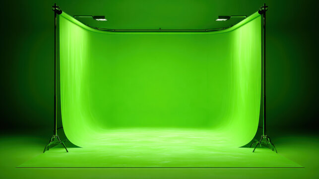 Professional green screen photo studio with curved backdrop and lighting equipment for video production