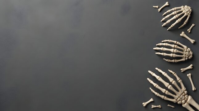 Spooky Halloween dark background with skeleton hands and bones on right side, dark grunge texture surface with copy space on left