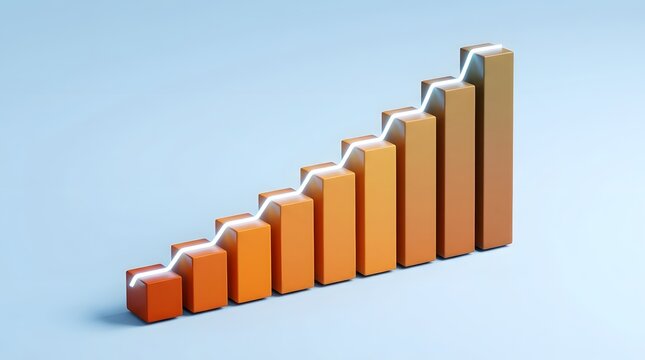 A 3D rendered bar chart showing steady growth with a glowing trendline