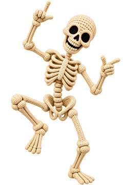 Cute dancing skeleton pointing up, crochet amigurumi halloween decoration isolated on transparent background, handmade beige skeleton toy