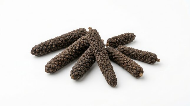 Close-up of dried long pepper catkins on a white background with dried spices spice ingredients culinary herb aromatic spice food photography isolated spice pantry staples herbal medicine