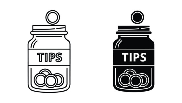Glass tip jar with money coins isolated on white background for service industry