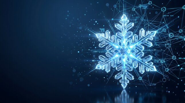 Futuristic snowflake with glowing lines and digital network on blue background