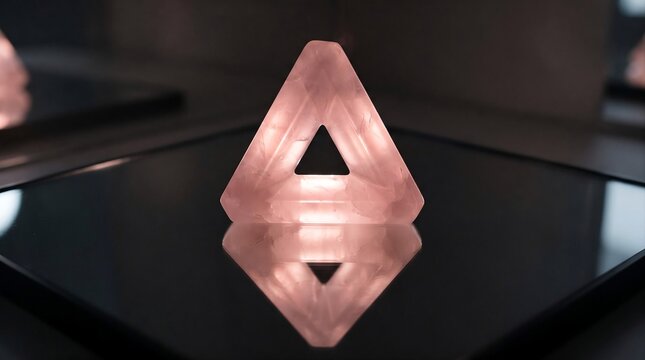 Penrose Triangle Impossible Geometry Illusion Constructed from Polished Translucent Rose Quartz on Flawless Mirror Surface with Soft Internal Golden Glow Backdrop JPG
