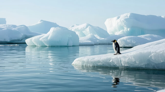 Arctic penguin standing on floating ice beside calm polar water