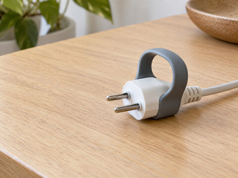 Unplugged household cord with large gray plug puller on wooden table