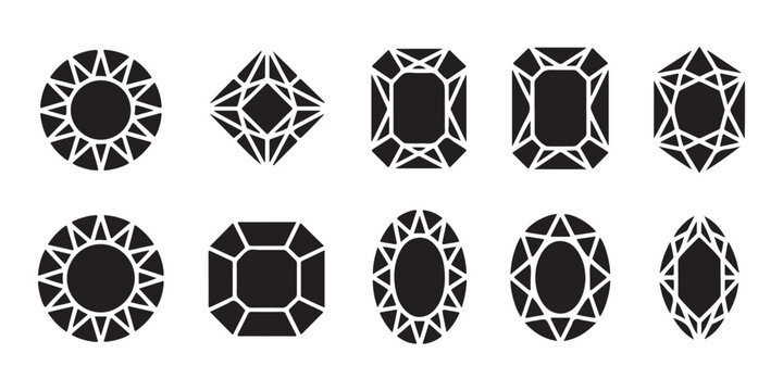 Collection of black gemstone cut shapes and diamond silhouette icons for jewelry design and luxury branding.