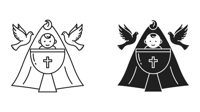 Baby baptism icon set with christian cross and holy spirit doves in flat vector style