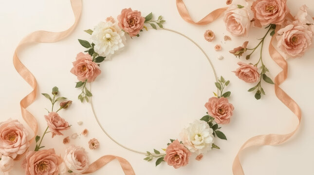 Floral wreath and ribbon on cream background create elegant festive frame