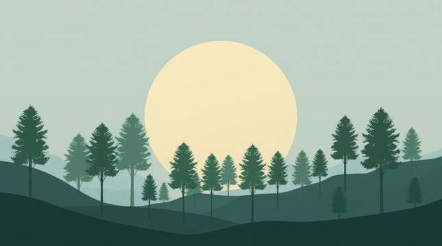 Forest conservation template with evergreen tree silhouette beneath pale yellow sun