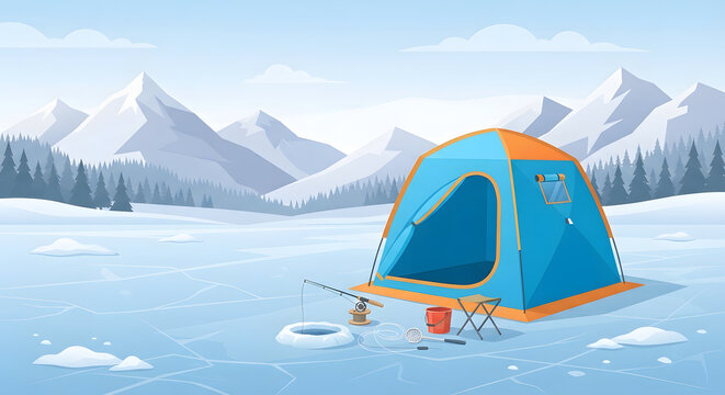 Blue Camping Tent on Snow in Winter Alpine Landscape