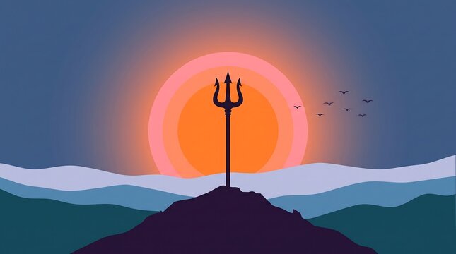 Trident symbol silhouette set against large glowing sun disc with serene mountain landscape layers creating minimalist spiritual graphic design for worship concept.