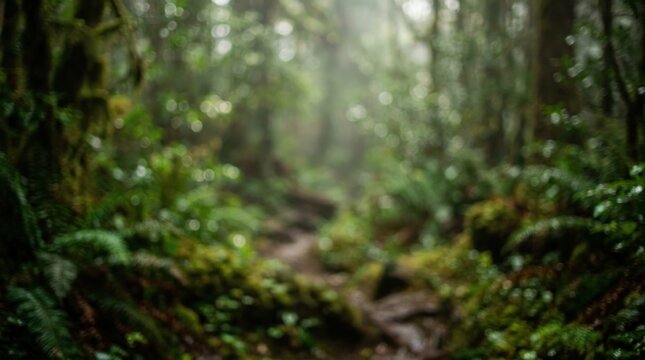 Ethereal and dreamy blurred background of a misty forest trail with soft morning sunlight filtering through lush green trees, ferns, and mossy woodland in a temperate rainforest environment.