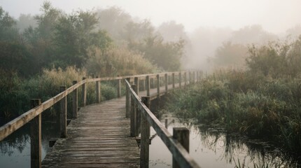 Naklejka premium Serene wooden boardwalk path winding through a misty wetland swamp during early morning fog, mysterious and tranquil nature landscape with lush green vegetation reflecting in calm water.